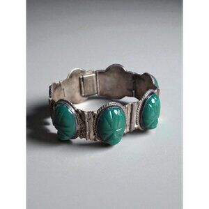Vintage Mexican Sterling Silver Panel Bracelet Green Onyx 7.25" 60g